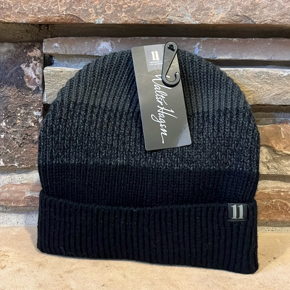 Walter Hagen Perfect 11 Collection Black and Grey Ribbed Knit Rolled Brim Beanie